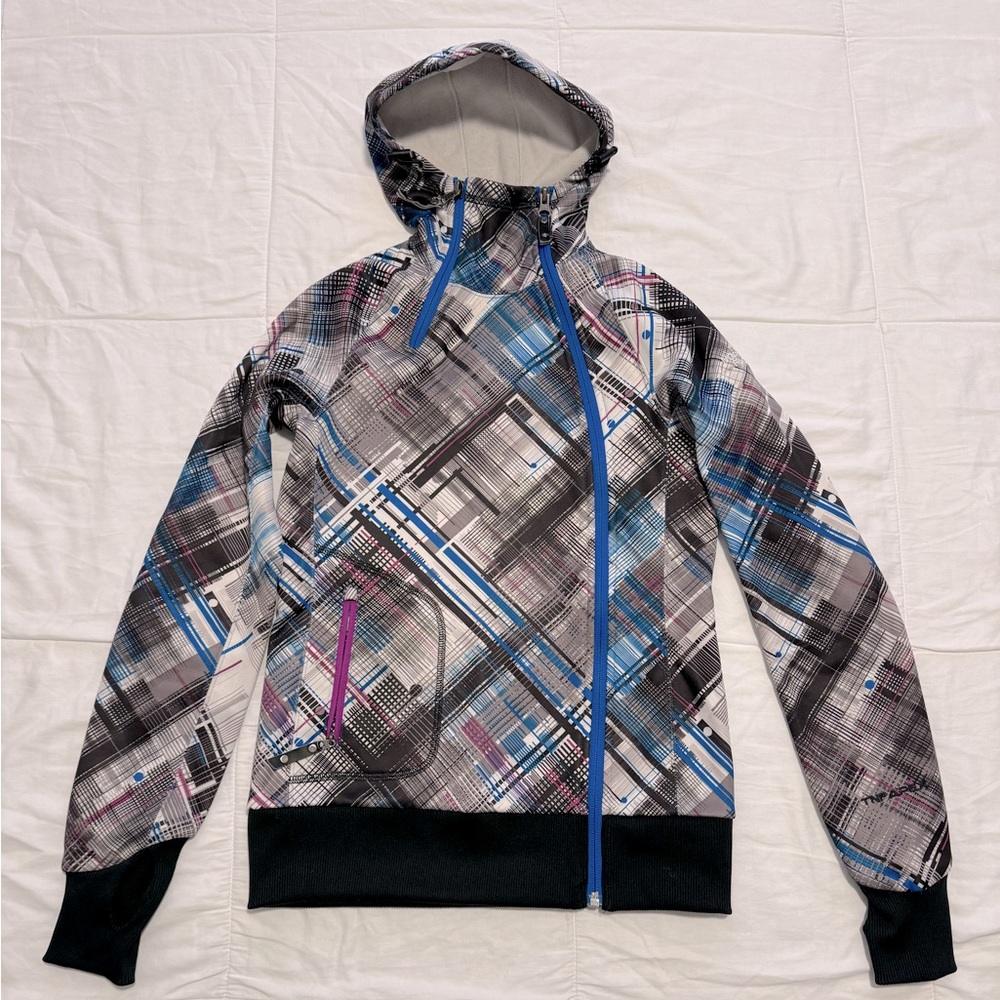 North face skiing/snowboarding jacket, women’s XS, blue/purple/white